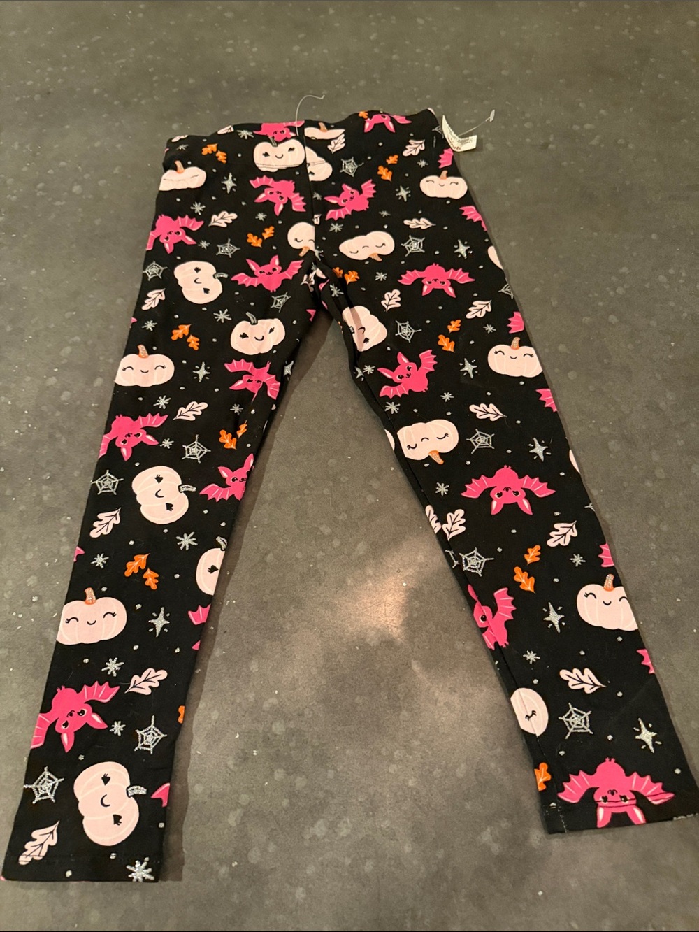 Source Unknown Black Leggings with Pink Bats, Cream Pumpkins & Orange Accents